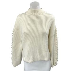 H&M Women's Cream Long Sleeve Pearl Beaded Turtleneck Knit Sweater Top Size XS
